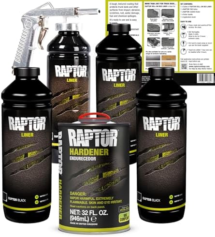 U-POL Raptor Black Urethane Spray-On Truck Bed Liner Kit, Protective Paint with Spray Gun, for Tailgates & Trucks, Vehicle Undercoating, 4 litres