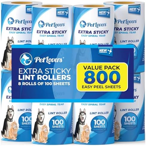 PetLovers Extra Sticky Lint Roller 8 Pack of Refills Only - No Handle Included - 100 Sheets Per Refill 800 Sheets Total