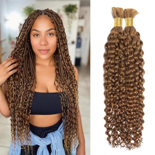 Miss Lee Human Braiding Hair for Boho Knotless Braids Bulk Curly Bundles Human Hair for Micro Braiding Wet and Wavy Water Wave No Weft Human Hair Extension for Box Boho Braids 100g with 2 Bundles 27#