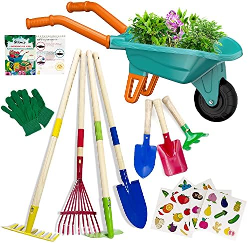 Kids Gardening Tools Set with Wheelbarrow Outside Outdoor Toys Backyard Garden Play Educational STEM Learning for Toddlers Boys Girls 3-8 (Green)