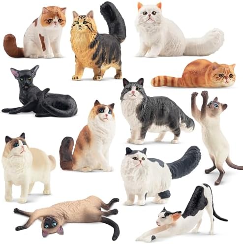 12PCS Realistic Cat Figurines, Plastic Cat Figure, Cat Cake Topper Kitten Toy Christmas Birthday Gift for Kids and Children