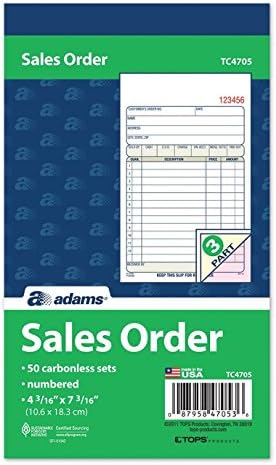 Adams Sales Order Book, 3-Part, Carbonless, 4-3/16" X 7-3/16" Inch, 50 Sets, White, Canary and Pink, Pack of 6