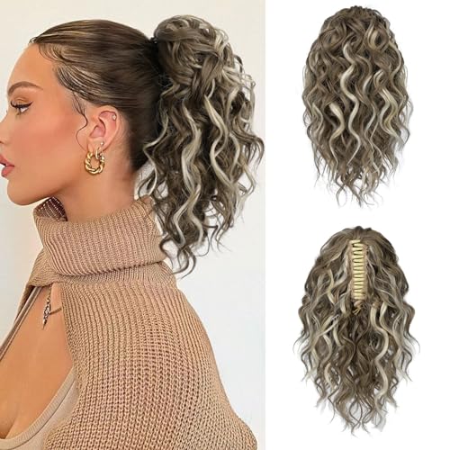 Flufymooz Ponytail Extension, 12" Short Claw Ponytail Extension Wavy Curly Jaw Clip in Pony tails Hair Extension Natural Synthetic Hairpiece for Women (Medium Brown Ash Blonde)