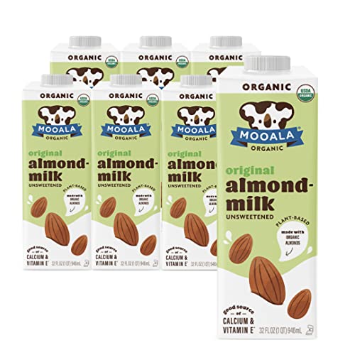 Mooala Organic Almond Milk Unsweetened 32 fl oz (Pack of 6) –Shelf-Stable, Lactose Free, Gluten-Free, Vegan, No Added Sugar, Plant-Based Beverage