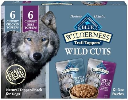 Blue Buffalo Wilderness Trail Toppers Wild Cuts Wet Dog Food Variety Pack, High-Protein & Grain-Free, Made with Natural Ingredients, Chicken and Beef Flavors, 3-oz Pouches, (12 Count, 6 of Each)