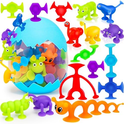 32 PCS Suction Cup Toys Kids Bath Toy Party Favor Goody Prize Easter Egg Filler Stuffer Gift for 2+ 3 4 5 6 Year Old Boy Girl Toddler Travel Toy Sensory Fidget Window Toy with Eggshell Storage
