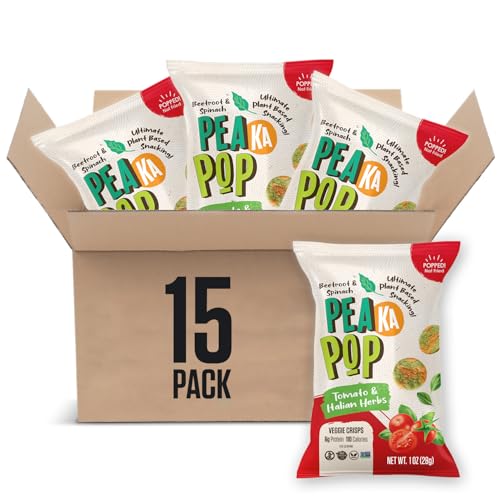 PeaKaPop Veggie Chips – Plant-Based, Healthy Veggie Crisps with Pea, Lentil & Chickpea Protein – Vegan, Gluten-Free, Popped Chips – Snack Size for Kids & Adults – 1 oz Bags (15-Pack) – Tomato & Italian Herbs