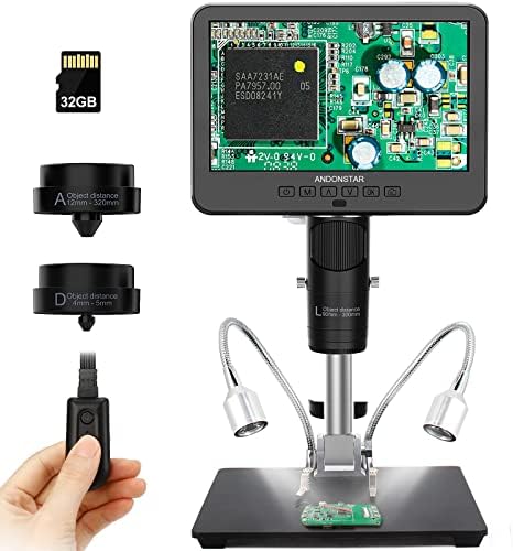 Andonstar AD246-M Digital Microscope for Adults, 3 Lens Soldering Microscope, 1080P FHD Video Record, 7 Inch LCD 500x, Coin Microscope, Biological Microscope Kit with 32G Card, Prepared Slides