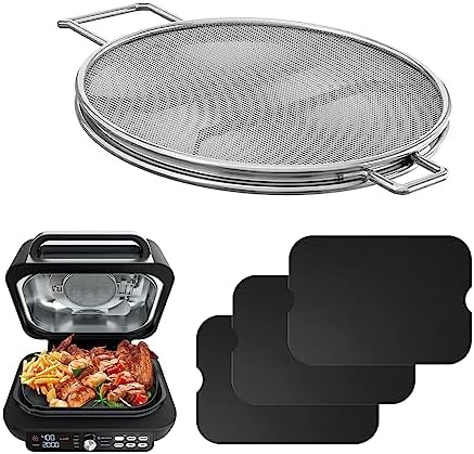Splatter Shield and 3PCS Grill Mat Set for Ninja Foodi IG651, IG600, IG601, Replacement Stainless Steel Splatter Screen Air Fryer Accessories for Ninja Foodi Smart XL Pro 7-in-1 Indoor Grill