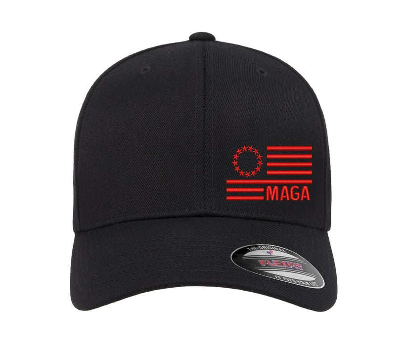 Trump MAGA Flag Side Embroidered Patriotic Flexfit Hat (US, Alpha, Small, Medium, Black Curved)