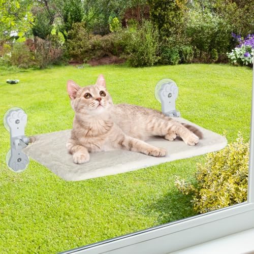 Cat Window Perch, Foldable Cat Hammock for Window with 4 Suction Cups, Cordless Window Bed for Cats Inside with Reversible Cover and Solid Metal Frame (Beige, Medium)