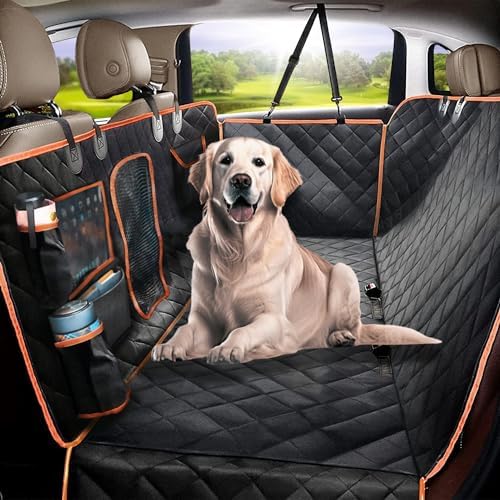 Dog Car Seat Cover for Back Seat for XL Cars, SUVs & Trucks, 100% Waterproof Non-Slip Dog Hammock for car, 600D Heavy Duty Scratch Proof Durable pet car Rear seat Cover w/Mesh Window, Storage Pockets