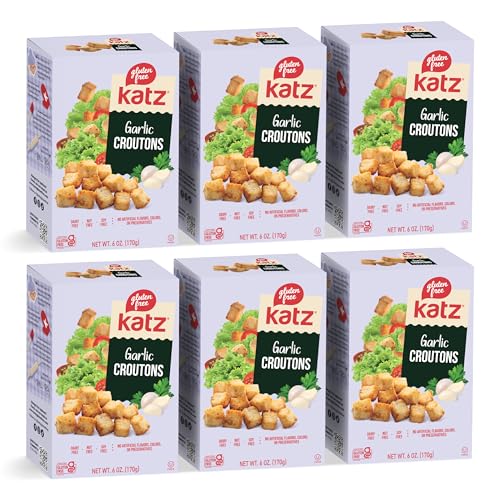Katz Gluten Free Garlic Croutons, Great For Salad Topping Crunchy Perfection, Allergy-Friendly & Kosher, Dairy Free, Soy Free, Nut Free - Made from Our Own Gluten Free Bread. (Pack of 6)