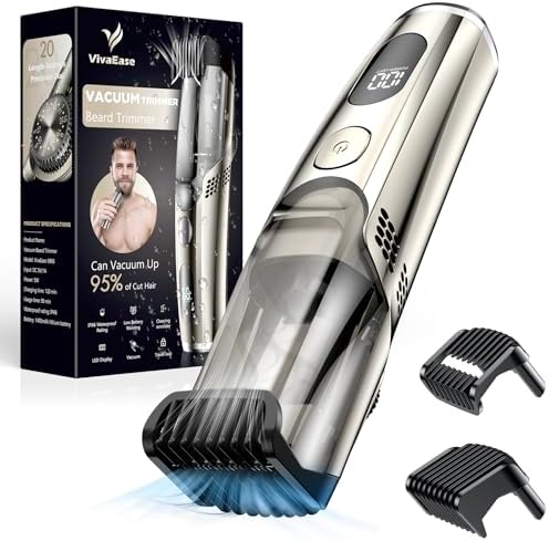 Vacuum Beard Trimmer for Men, Upgrade Adjustable Length with 2 Comb, Electric Vacuum Trimmer for Beard, Mustache and Stubble, Waterproof and Rinses Easy, High Precision Blades for Skin fit
