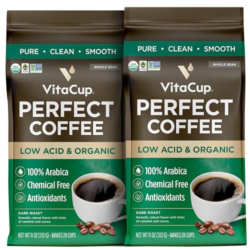 VitaCup Perfect Low Acid Coffee Beans, USDA Organic & Fair Trade, Mycotoxin Free, Dark Roast Guatemala Single Origin, Clean & Pure, Low Acidity, Whole Bean Coffee, 2 bags, 11oz each