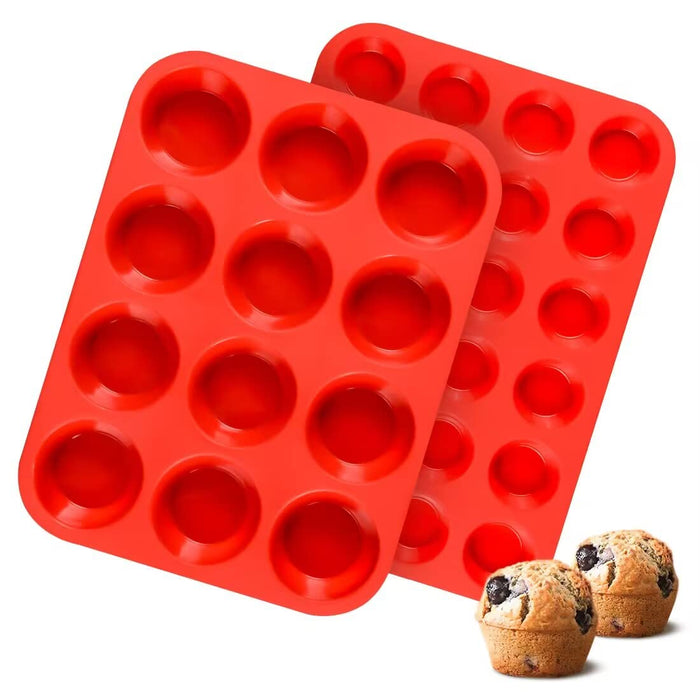 CAKETIME Silicone Muffin Pan, Mini Muffin Pan, Regular 12 Cups and Mini 24 Cups Cupcake Tin Set of 2 for Baking Egg Bites
