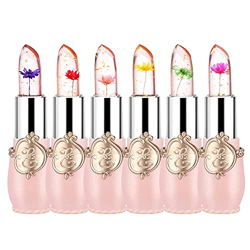 firstfly Pack of 6 Crystal Flower Jelly Lipstick, Long Lasting Nutritious Lip Balm Lips Moisturizer Magic Temperature Color Change Lip Gloss (Pink)