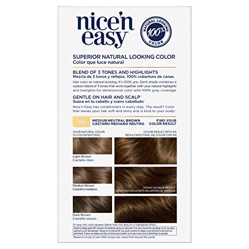 Clairol Nice'n Easy Permanent Hair Dye, 5N Medium Neutral Brown Hair Color, Pack of 3