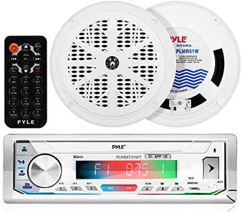 Pyle Bluetooth Marine Receiver Stereo & Speaker Kit - 300W Single DIN Boat Marine Head Unit, Mic, Hands-Free Calling, AUX, MP3/USB/SD, AM/FM Radio, Remote Control - PLMRKT49WT (White)