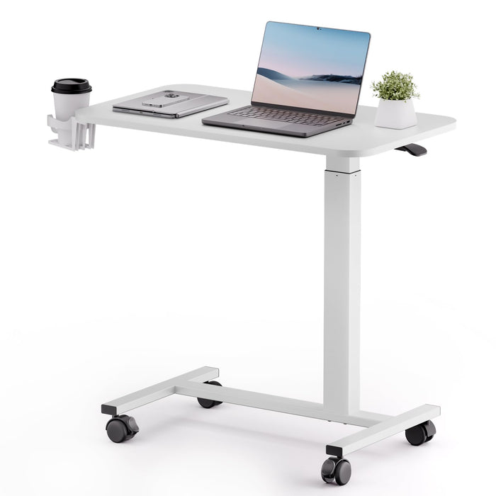 COMHOMA Adjustable Overbed Bedside Table with Lockable Wheels, Pneumatic Mobile Standing Laptop Desk, Small Standing Desk Portable Rolling Overbed Table Hospital Home Use(28" W x 16" D, White)