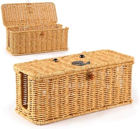 Cord hider box,Imitation rattan cable management organizer storage box with lid 2 open slots extension cord keeper charging basket cover under desk for hide wire cords and power strip-13"L*5.1"W