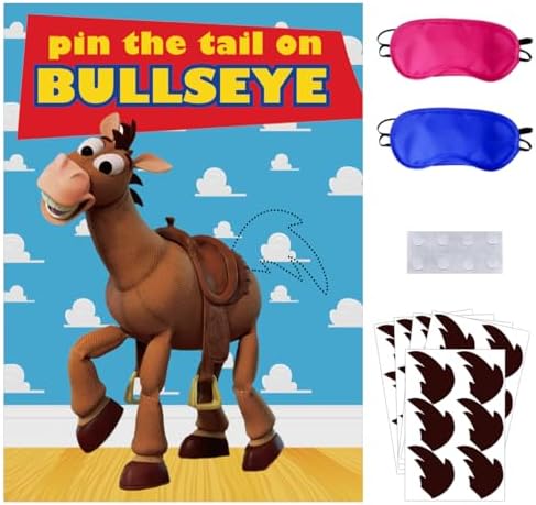 OULUN Toy Inspired Stories Party Supplies, Pin The Tail on The Bullseye Party Game, Large Poster 24PCS Reusable Tail Stickers for Kids Boys Birthday Party, Toys 4th Party Favors