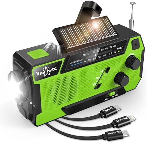 7400mWh NOAA Emergency Weather Radio with 3 in 1 Charging Cable Emergency Radio Solar Hand Crank Alert Radio 3 Power Supply Methods with SOS Alarm, Flashlight for Hurricane Emergency