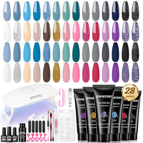 JEWHITENY 28 Colors Poly Extension Gel Nail Kit Builder Nail Enhancement Gel All In One Kit with Nail Lamp Base Top Coat Matte Top Coat Set Nail Art Design Nail Salon Tools