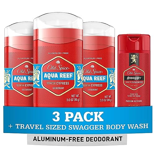 Old Spice Men's Deodorant Aluminum-Free Aqua Reef, 3.0oz Pack of 3 with Travel-Size Swagger Body Wash