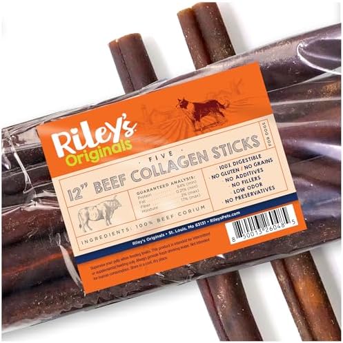 Riley's 12 Inch Beef Collagen Sticks for Dogs, Collagen Chews for Dogs, Bully Stick & Rawhide Alternative, Long Lasting, No Raw Hide Chews, Single Ingredient Dog Treat - 5 ct