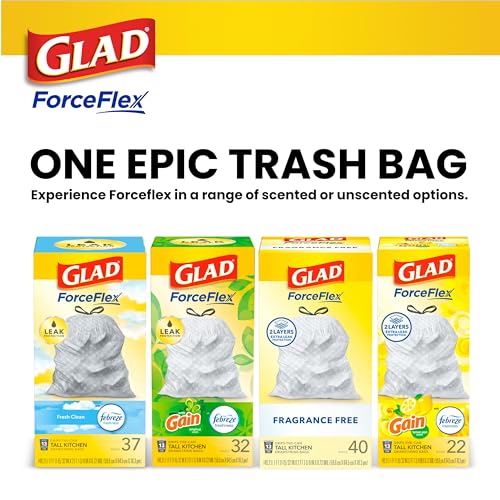 Glad Trash Bags, ForceFlex Tall Kitchen Drawstring Garbage Bags, 13 Gal, Fragrance Free, 80 Ct, Package May Vary