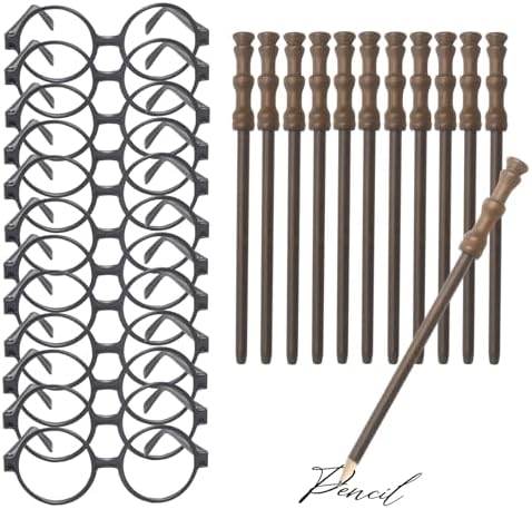 Wizard Theme Party Favors - Wand Pencils, Wizard Glasses with Round Frame No Lenses for Kid Student Magic Birthday Gift, School Party Supplies ,Halloween Decor,12pcs each