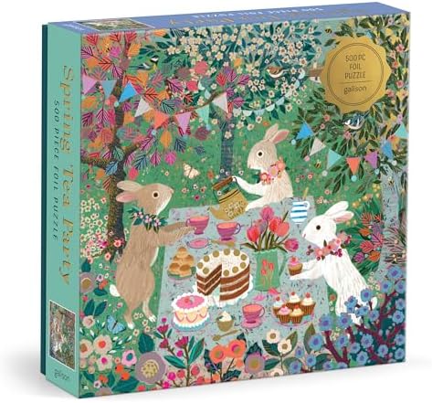 Galison Spring Tea Party – 500 Piece Foil Jigsaw Puzzle Featuring Beautiful Artwork of Rabbits Enjoying A Tea Party