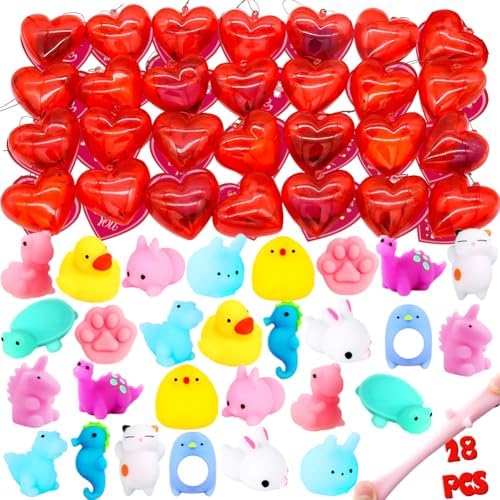 Valentine Mochi Party Favors Set, 28 Pcs Mochi Squishy Toys Filled Hearts and Valentines Day Cards for Kids Valentine's Exchange Gift, Stress Relief Toys, Classroom Rewards