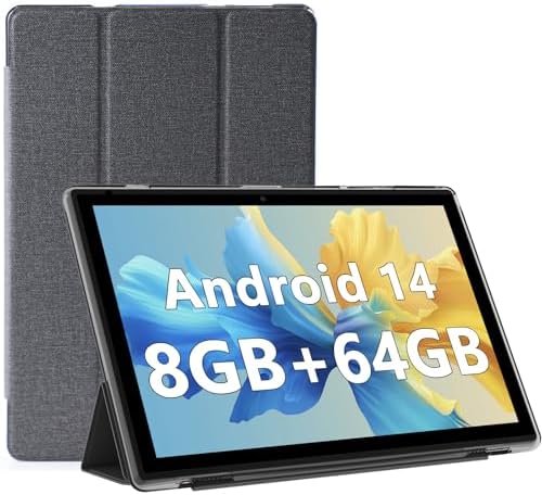 Android 14 Tablet, 10 inch Tablets with Case, 8GB RAM+64GB ROM/ 1TB Expandable Tablet, 1.8Ghz Quad-core Processor, 1280*800 IPS Touch Screen, 8MP Camera, 6000mAH Battery, 2.4G/5G Wifi 6 BT 5.0 Tablet