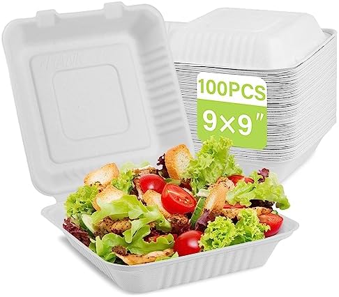 greensight Clamshell Take Out Food Container 100 Pack, 9 x 9 Compostable To Go Containers, Disposable To Go Food Boxes, Biodegradable Made From White Sugarcane Fibers