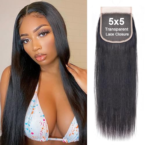 5x5 Transparent HD Lace Closure Silky Straight Human Hair Lace Closure Brazilian Virgin Remy Hair Invisible Lace Frontal Closure Pre Plucked Natural Black Color 16 Inch