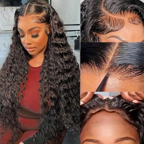 Ready to Wear Glueless Wigs Human Hair Pre Plucked Pre Cut 180% Density Deep Wave Lace Front Wigs Human Hair Wigs For Women 4x4 HD Lace Closure Human Hair Curly Wigs Natural Black 20 Inch