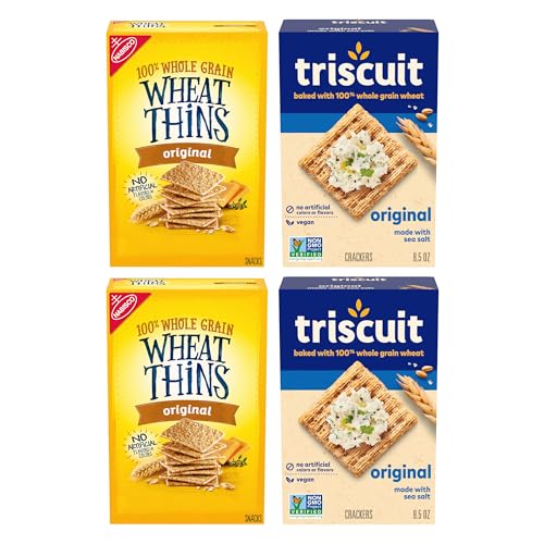 Triscuit Original Whole Grain Wheat Vegan Crackers and Wheat Thins Original Whole Grain Wheat Snacks Variety Pack, 4 Boxes