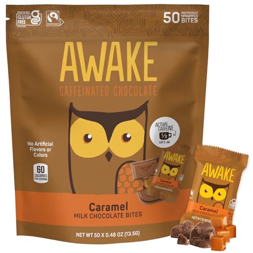 AWAKE - Caffeinated Chocolate Bites - Caramel Milk Chocolate, 50 Bites - 50mg Caffeine - Individually Wrapped Energy Bites - Coffee Alternative - Fairtrade, Gluten Free, Non GMO - 0.48oz