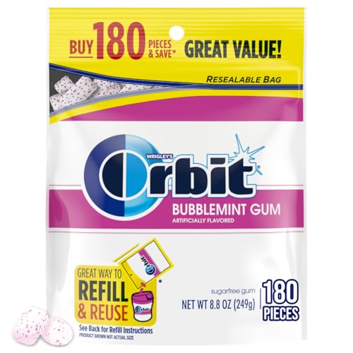 ORBIT Gum Bubblemint Sugar Free Chewing Gum Bulk Pack, 180 Piece Resealable Bag