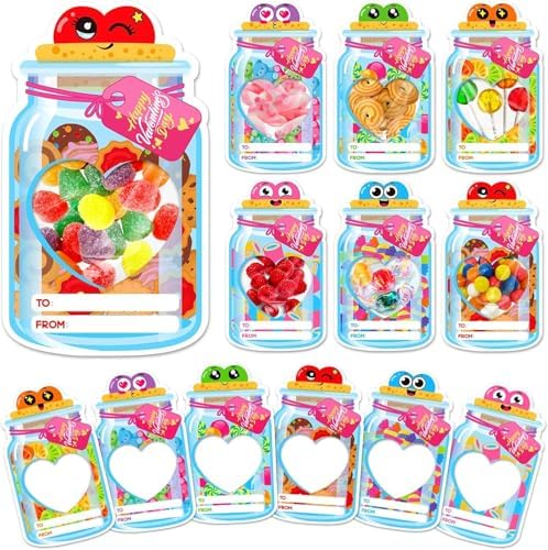 Valentines Cards for Kids Classroom, 60 Pack Mason Jar Valentines Day Cards for Kids School with Treat Bags, DIY Class Valentines Exchange for Toddlers, Ideal Valentines Day Gifts for Kids Girls Boys