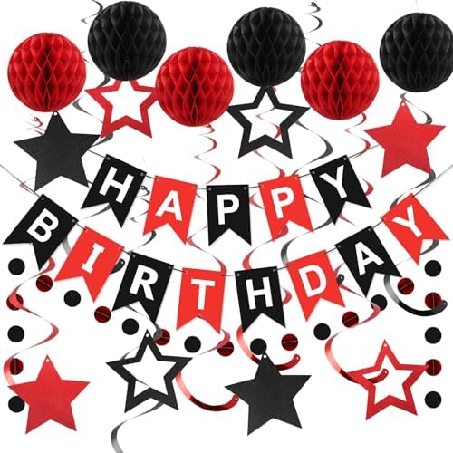 meowtastic Birthday Decorations, Happy Birthday Banner with Honeycomb Balls, Star Hanging Swirl Streamers, Circle Dots Garland, Happy Birthday Party Decorations for Women Men Boys Girls (Red & Black)
