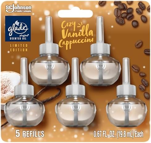 Glade PlugIns Refills Air Freshener, Scented and Essential Oils for Home and Bathroom, Cozy Vanilla Cappuccino, Limited Edition Scent, 3.35 Fl Oz, 5 Count