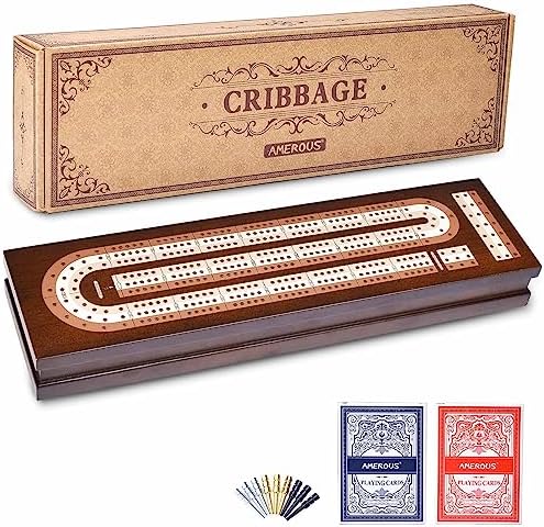 AMEROUS Wooden Cribbage Board Game Set with Magnetic Lock - Metal Pegs - 2 Playing Cards - Continuous 3 Track Board - Larger Storage Area, Travel Portable Cribbage Game Sets for Family