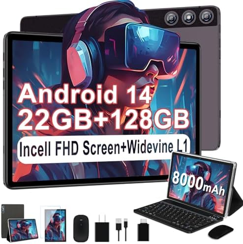 Android Tablet 2025 Tablets with 22GB RAM+128GB ROM/ 1TB Expand, 8000mAh Battery, Octa-Core 2.0GHz CPU, 5G WiFi, GPS, 10.1 Inch FHD IPS 2 in 1 Tablet PC with Keyboard/Mouse-Gray