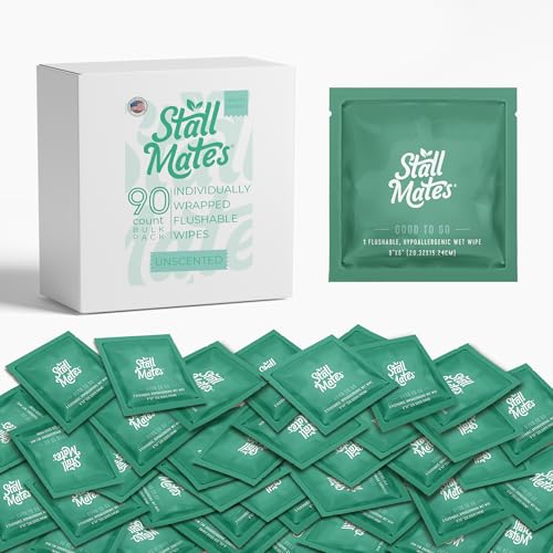 Stall Mates Wipes - Flushable Wipes | Individually Wrapped | Travel Friendly | Unscented with Vitamin-E & Aloe | (90 on-the-go singles) BULK PACK