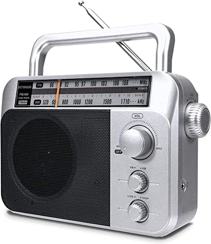Retekess TR604 AM FM Radio Portable Transistor Analog Radio with 3.5mm Earphone Jack Battery Operated Boombox by 3 D Cell Batteries or AC Power (Silver, AM FM)
