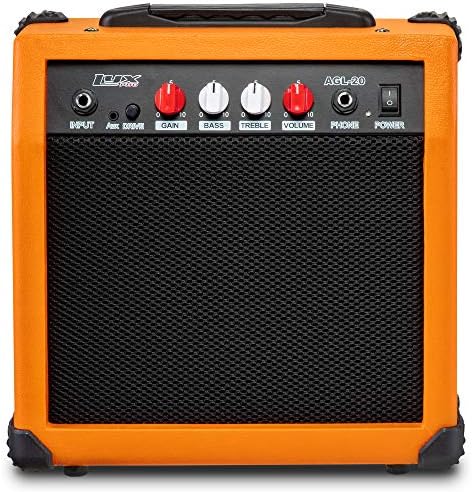 LyxPro Electric Guitar Amp 20 Watt Amplifier Built in Speaker Headphone Jack and Aux Input Includes Gain Bass Treble Volume and Grind - Sunburst