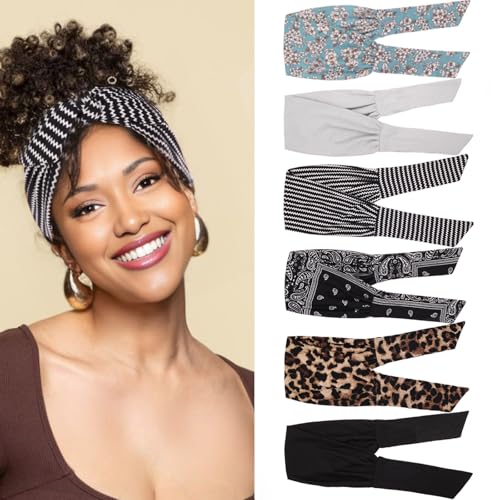 6 Pieces Adjustable Headbands for Women Elastic Knotted Boho Headbands For Women Fashion Wide Headband Hair Scarf Headband Yoga Workout Head Bands Hair Accessories Band